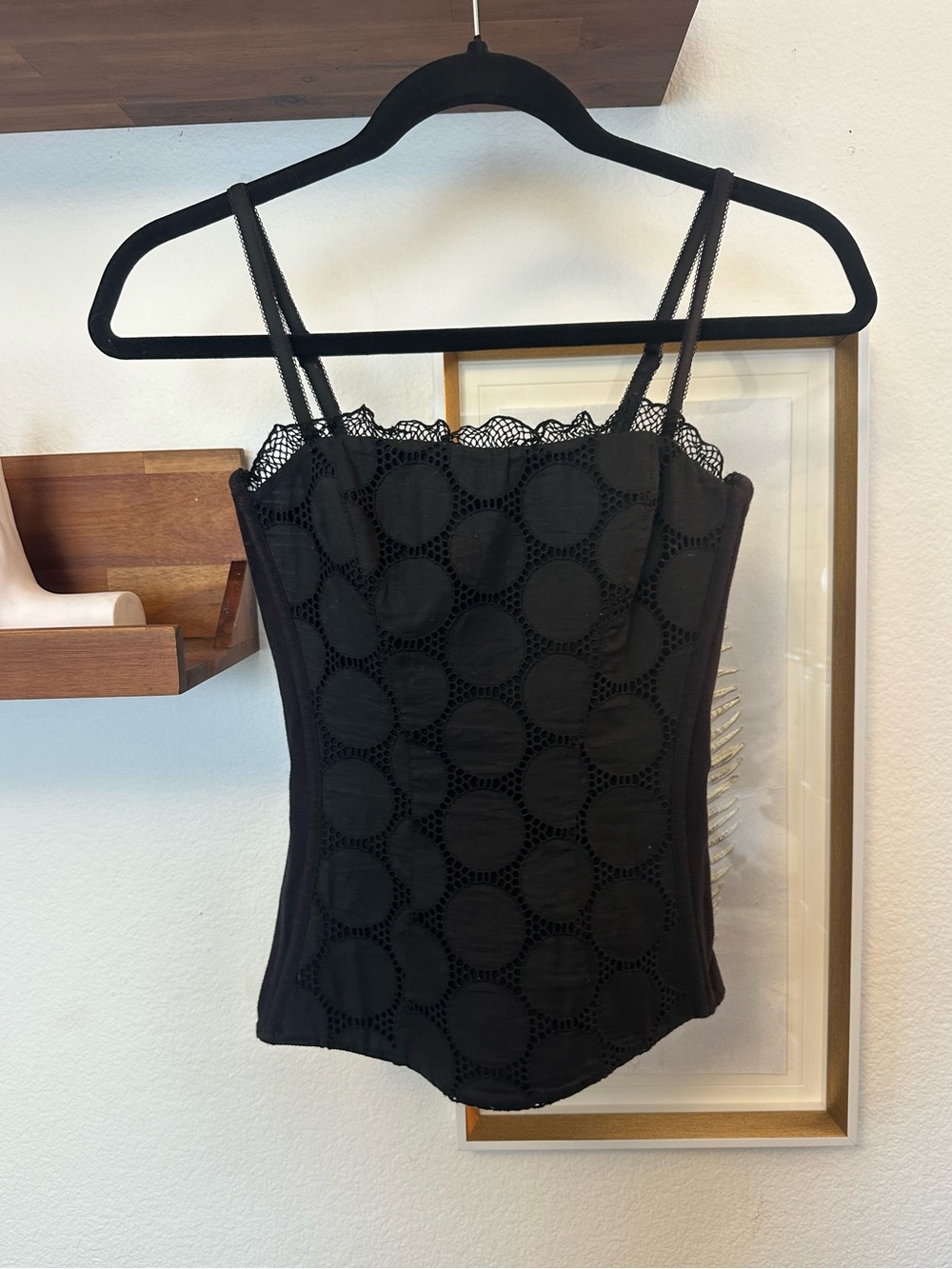 Black Lace-Trim Circle Detail Spaghetti Strap Corset Camisole